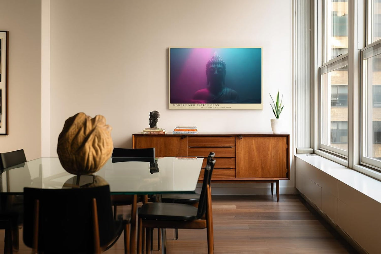 Paul Sinus Wandbild 120x80cm Buddha Statue modernes Neon Licht spirituelle Meditation Kunst pink blau mystisches Kunstbild für Wohnzimmer Yoga Raum