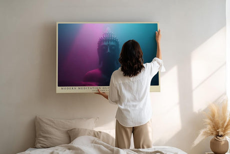 Paul Sinus Wandbild 120x80cm Buddha Statue modernes Neon Licht spirituelle Meditation Kunst pink blau mystisches Kunstbild für Wohnzimmer Yoga Raum