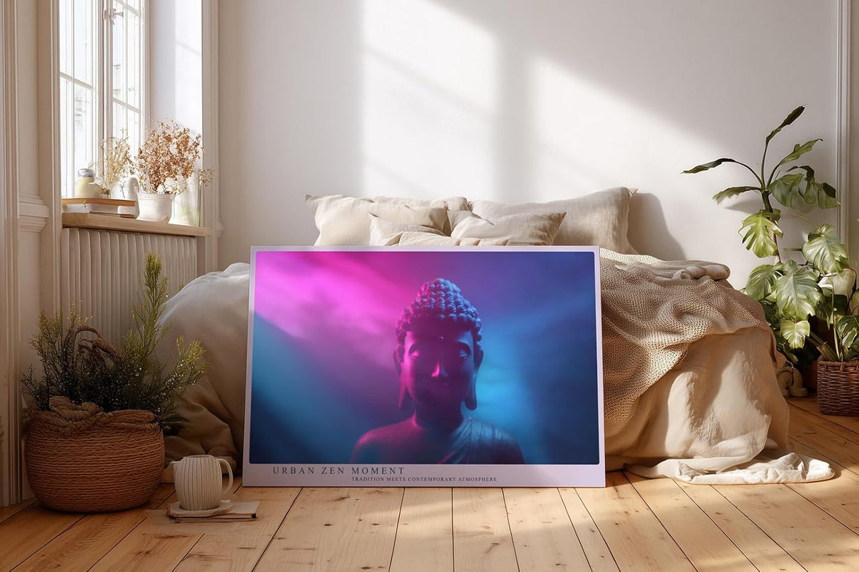 Paul Sinus Wandbild 120x80cm Buddha Statue Neon Licht moderne spirituelle Kunst pink blau meditatives Kunstbild für Wohnzimmer Yoga Raum
