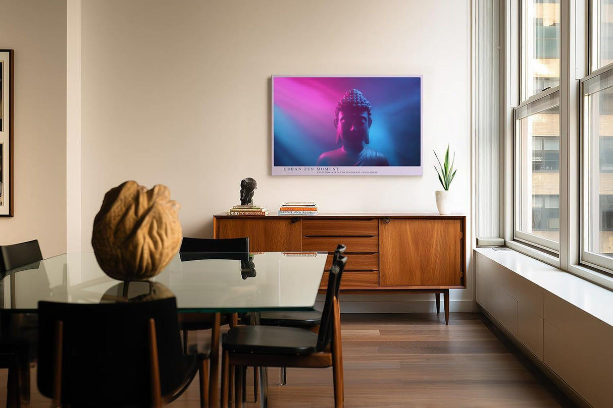 Paul Sinus Wandbild 120x80cm Buddha Statue Neon Licht moderne spirituelle Kunst pink blau meditatives Kunstbild für Wohnzimmer Yoga Raum