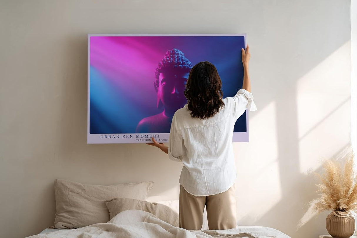 Paul Sinus Wandbild 120x80cm Buddha Statue Neon Licht moderne spirituelle Kunst pink blau meditatives Kunstbild für Wohnzimmer Yoga Raum