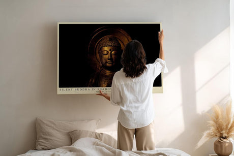 Paul Sinus Wandbild 120x80cm Buddha Statue Spirituelle Kunst Goldene Meditation Figur Zen Kunstdruck Poster Grosse Wanddekoration fuer Wohnzimmer Schlafzimmer Meditationraum