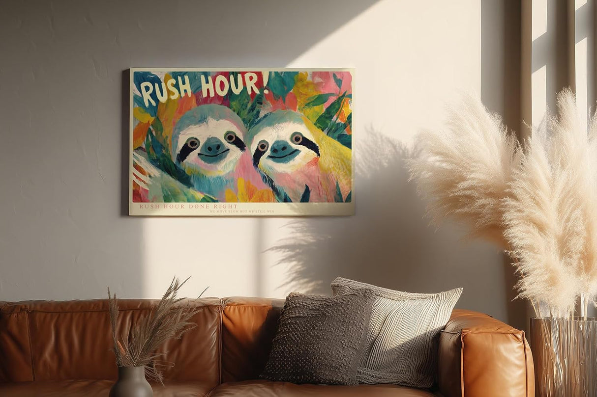Paul Sinus Wandbild 120x80cm Bunte Faultiere Illustration Moderne Tierkunst Humorvolles Design für Kinderzimmer Wohnzimmer und Büro