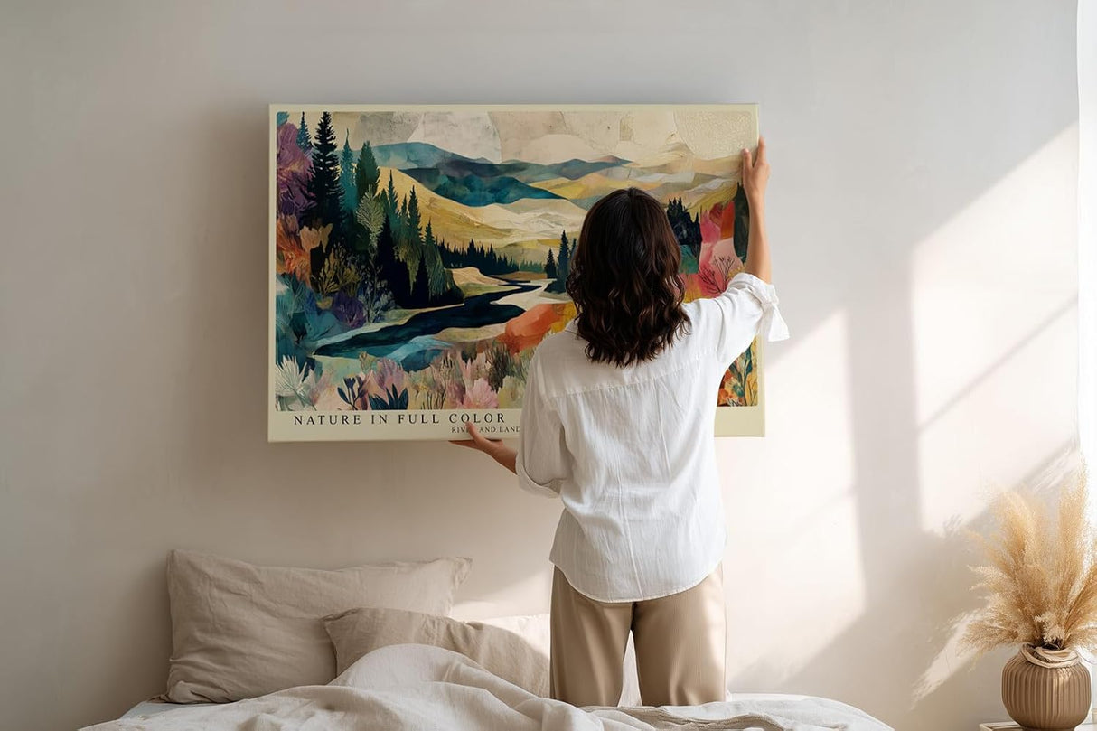 Paul Sinus Wandbild 120x80cm Bunte Landschaft mit Fluss Wald und Zebras Moderne Naturkunst Wanddekoration Wohnzimmer