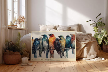 Paul Sinus Wandbild 120x80cm bunte Voegel auf Draht moderne Aquarell Kunst farbenfrohe Tierillustration harmonische Wanddekoration fuer Wohnzimmer Büro