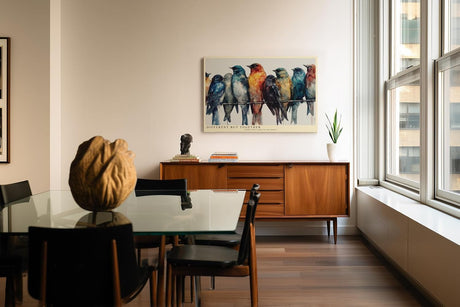 Paul Sinus Wandbild 120x80cm bunte Voegel auf Draht moderne Aquarell Kunst farbenfrohe Tierillustration harmonische Wanddekoration fuer Wohnzimmer Büro