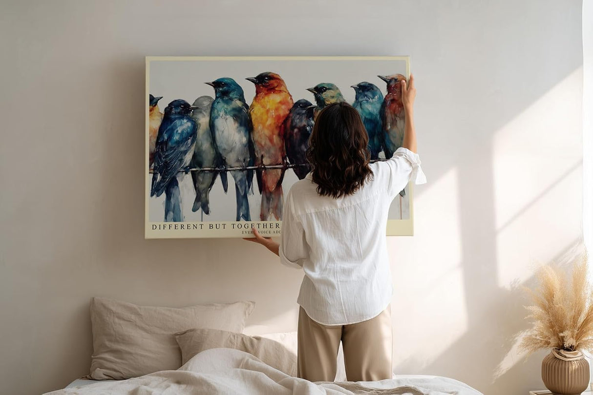 Paul Sinus Wandbild 120x80cm bunte Voegel auf Draht moderne Aquarell Kunst farbenfrohe Tierillustration harmonische Wanddekoration fuer Wohnzimmer Büro