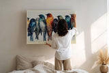 Paul Sinus Wandbild 120x80cm bunte Voegel auf Draht moderne Aquarell Kunst farbenfrohe Tierillustration harmonische Wanddekoration fuer Wohnzimmer Büro