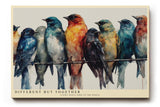Paul Sinus Wandbild 120x80cm bunte Voegel auf Draht moderne Aquarell Kunst farbenfrohe Tierillustration harmonische Wanddekoration fuer Wohnzimmer Büro