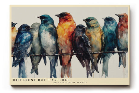 Paul Sinus Wandbild 120x80cm bunte Voegel auf Draht moderne Aquarell Kunst farbenfrohe Tierillustration harmonische Wanddekoration fuer Wohnzimmer Büro