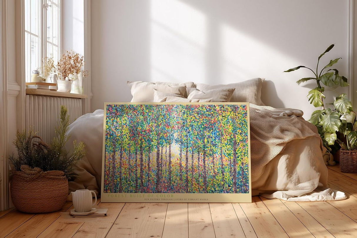 Paul Sinus Wandbild 120x80cm Bunter Wald Punktmalerei Moderne Natur Kunst Landschaft mit farbigen Punkten