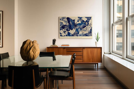 Paul Sinus Wandbild 120x80cm Butterflies in Quiet Dance elegante Schmetterlinge in Blau moderne Natur Kunst Poster für Wohnzimmer Schlafzimmer