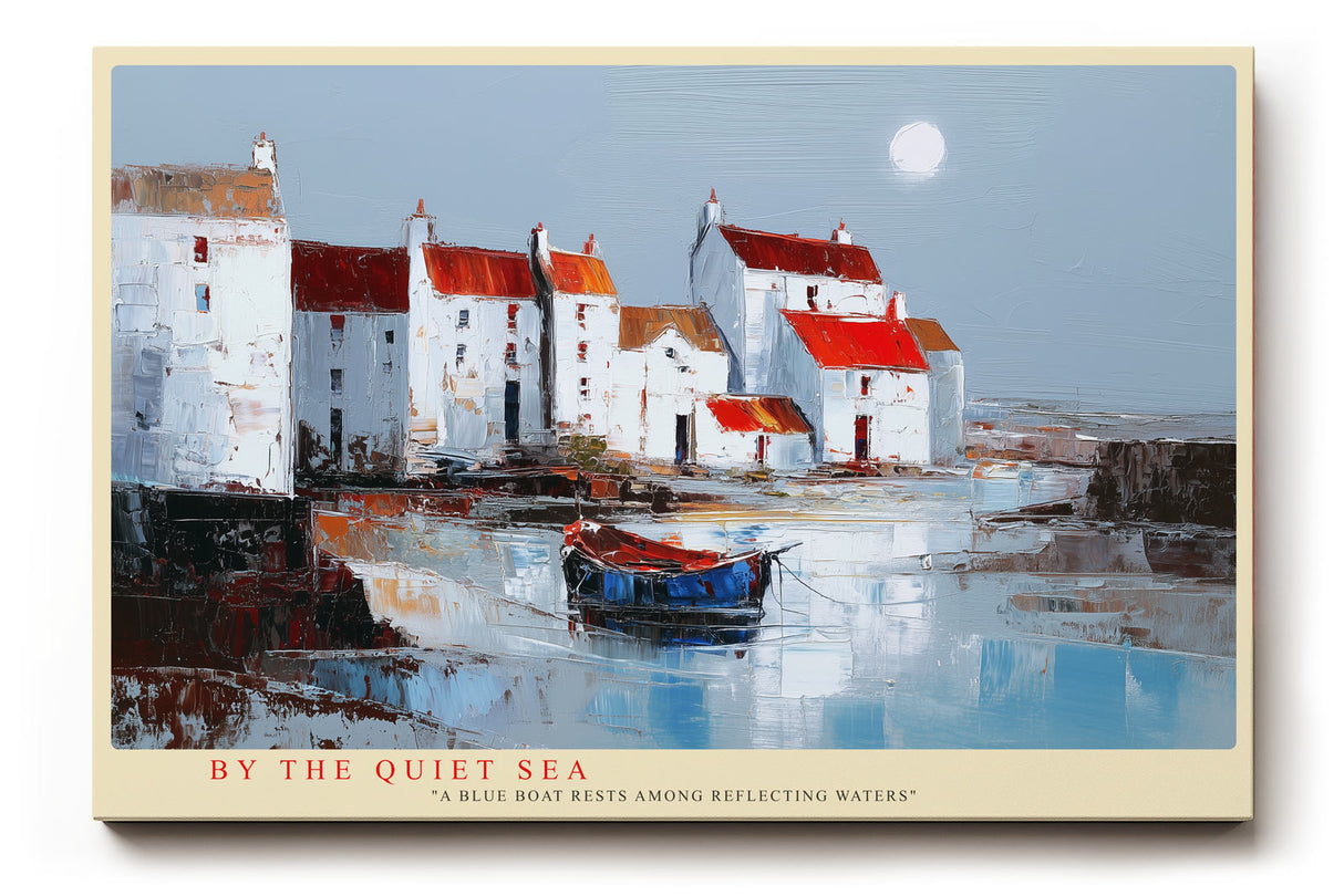 Paul Sinus Wandbild By the Quiet Sea – malerisches Küstenmotiv mit weißen Häusern und blauem Boot symbolisiert Frieden, Stille und maritimen Charme