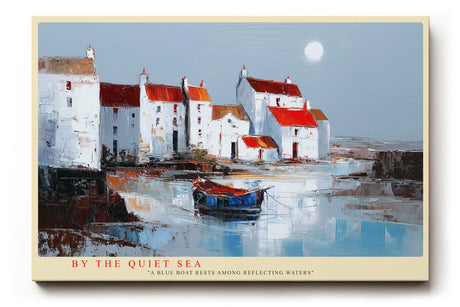 Paul Sinus Wandbild By the Quiet Sea – malerisches Küstenmotiv mit weißen Häusern und blauem Boot symbolisiert Frieden, Stille und maritimen Charme