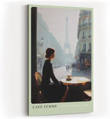 Paul Sinus Wandbild in 40x60cm Café Femme – Romantische Szene einer Frau in einem Pariser Café mit Blick auf den Eiffelturm, moderne Bilder in sanften, stimmungsvollen Farbtönen