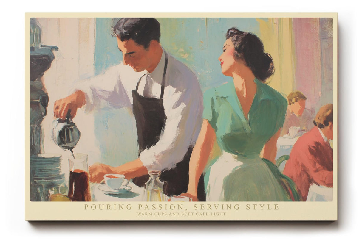 Paul Sinus Wandbild 120x80cm Café Szene Vintage Illustration Barista und Frau Künstlerische Retro Kunst für Wohnzimmer Küche Café