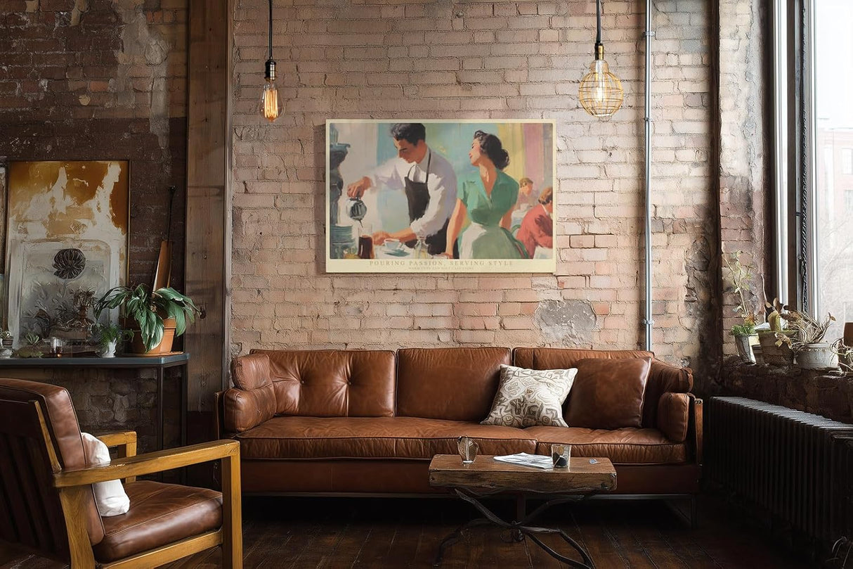 Paul Sinus Wandbild 120x80cm Café Szene Vintage Illustration Barista und Frau Künstlerische Retro Kunst für Wohnzimmer Küche Café