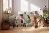 Paul Sinus Wandbild 120x80cm Café Szene Vintage Illustration Barista und Frau Künstlerische Retro Kunst für Wohnzimmer Küche Café