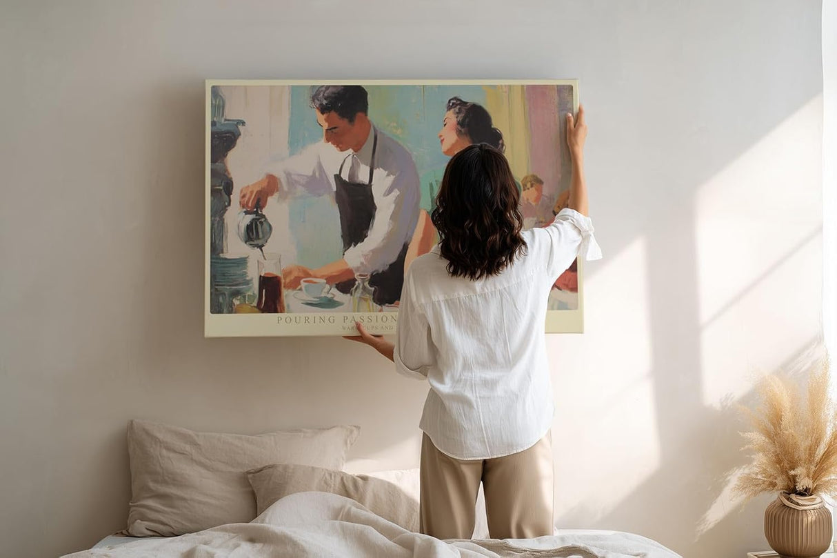 Paul Sinus Wandbild 120x80cm Café Szene Vintage Illustration Barista und Frau Künstlerische Retro Kunst für Wohnzimmer Küche Café