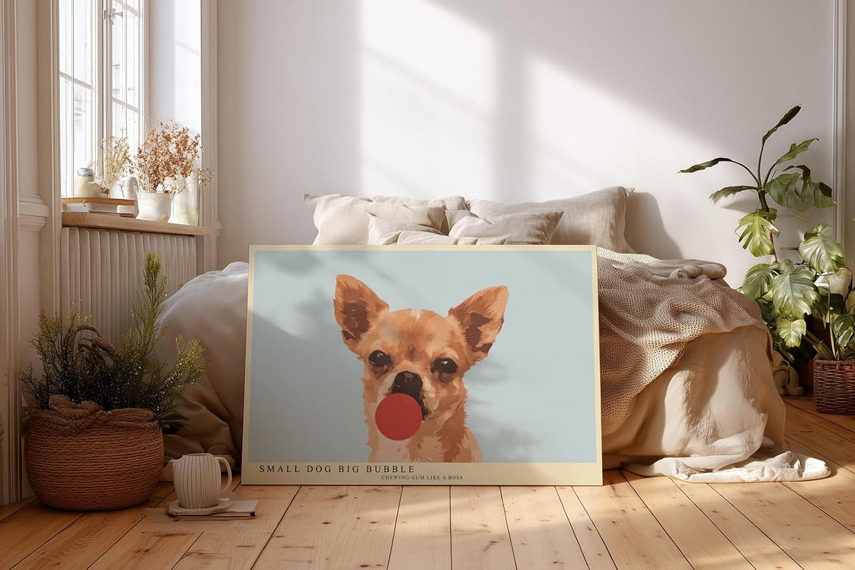 Paul Sinus Wandbild 120x80cm Chihuahua Hund mit Kaugummi Illustration lustiges Hunde Kunstposter in warmen Farben moderne Wanddekoration fuer Wohnzimmer Kinderzimmer Büro