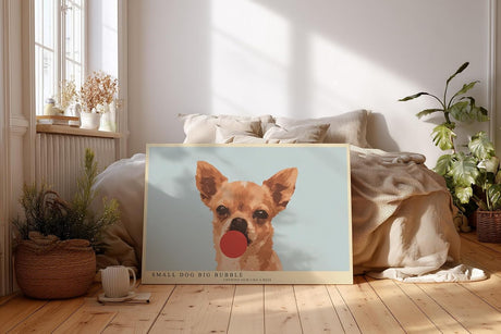 Paul Sinus Wandbild 120x80cm Chihuahua Hund mit Kaugummi Illustration lustiges Hunde Kunstposter in warmen Farben moderne Wanddekoration fuer Wohnzimmer Kinderzimmer Büro