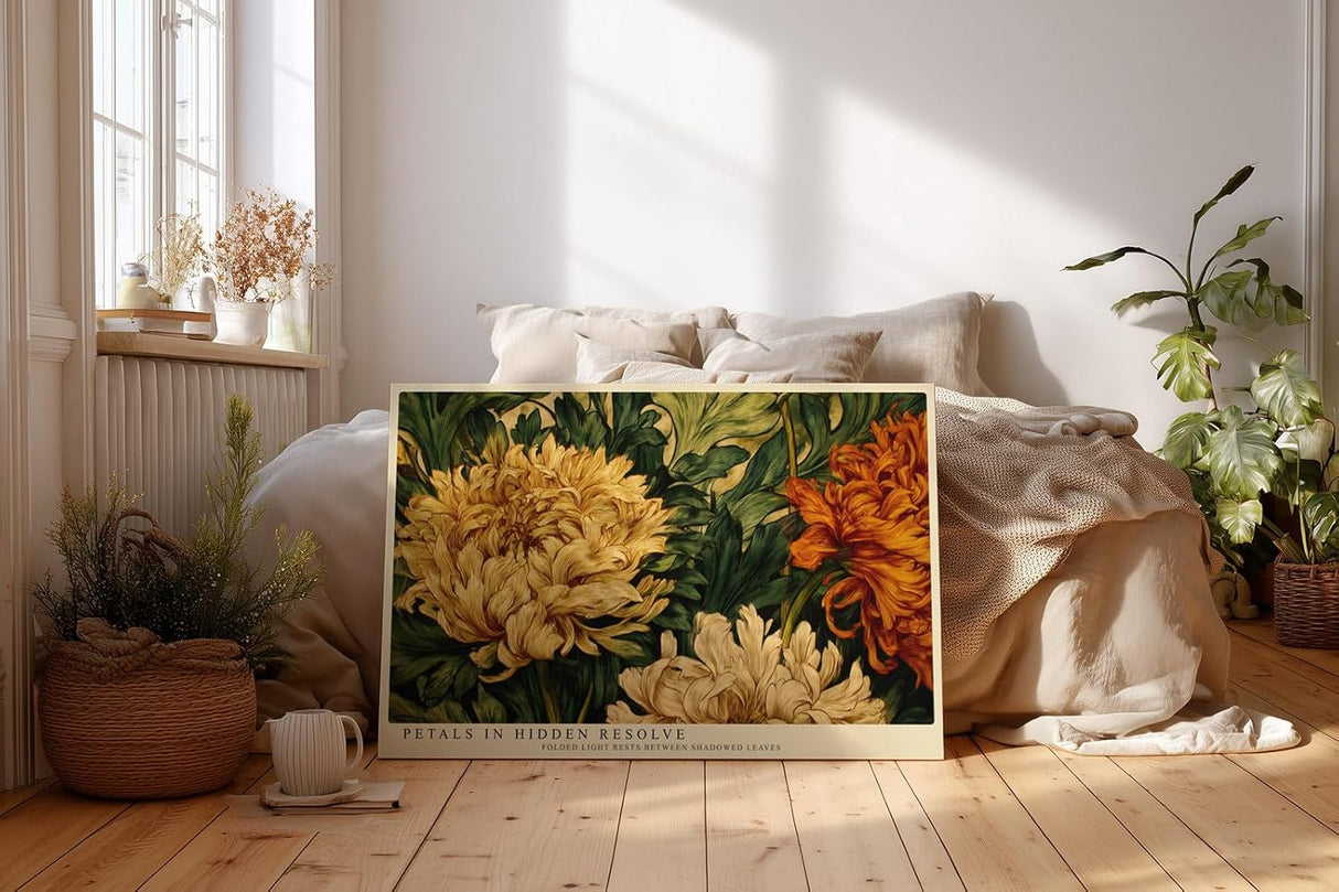 Paul Sinus Wandbild 120x80cm Chrysanthemen Blumen Kunst Klassisches Florales Motiv in Gold und Gruen fuer Wohnzimmer Schlafzimmer und Esszimmer