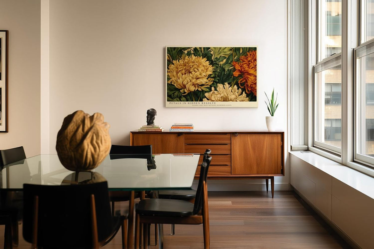 Paul Sinus Wandbild 120x80cm Chrysanthemen Blumen Kunst Klassisches Florales Motiv in Gold und Gruen fuer Wohnzimmer Schlafzimmer und Esszimmer