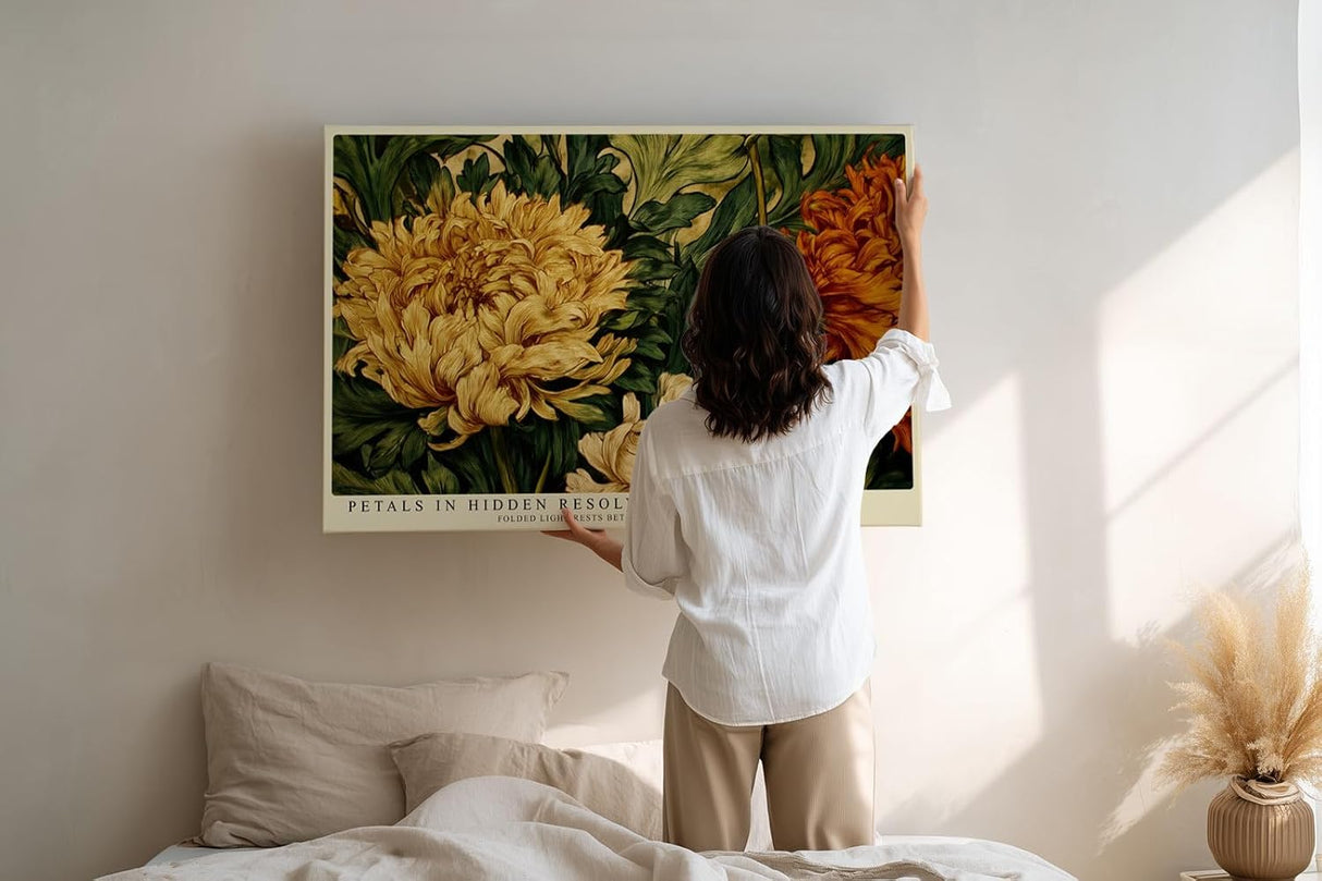 Paul Sinus Wandbild 120x80cm Chrysanthemen Blumen Kunst Klassisches Florales Motiv in Gold und Gruen fuer Wohnzimmer Schlafzimmer und Esszimmer