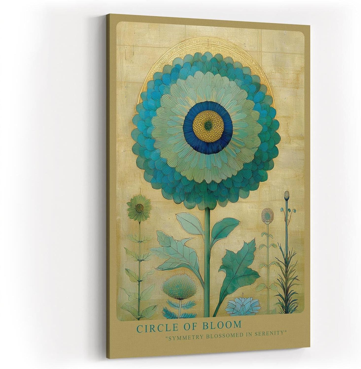 Paul Sinus Wandbild in 40x60cm Circle of Bloom stilisierte Blume in Blauund Grüntönen mit Goldhintergrund elegante Naturkunst auf Leinwand