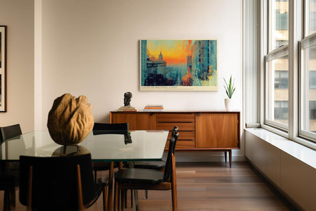 Paul Sinus Wandbild 120x80cm City in Melting Light moderne Stadtlandschaft bei Sonnenuntergang abstrakte Architektur Kunst Poster für Wohnzimmer Büro