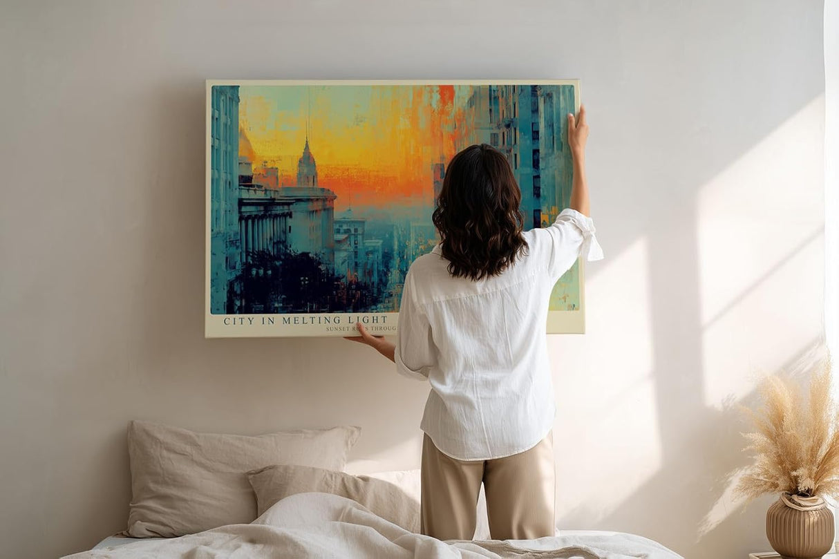 Paul Sinus Wandbild 120x80cm City in Melting Light moderne Stadtlandschaft bei Sonnenuntergang abstrakte Architektur Kunst Poster für Wohnzimmer Büro