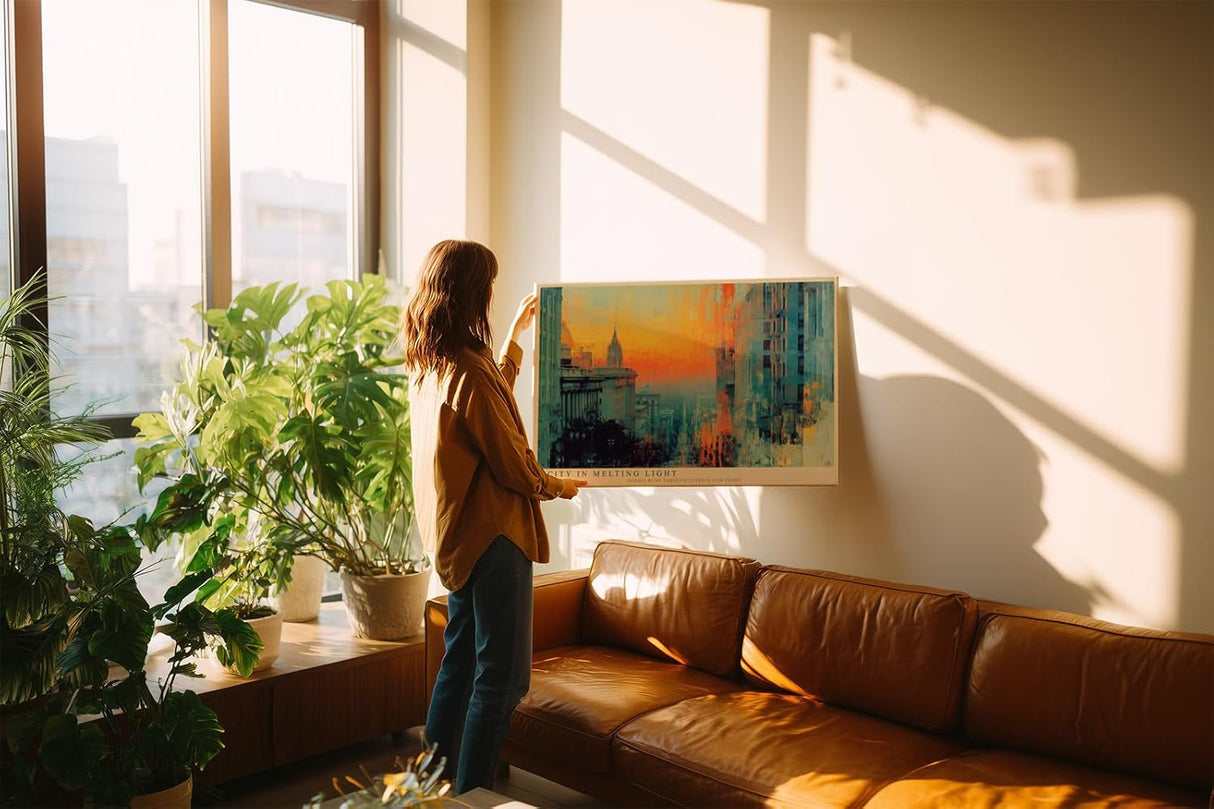 Paul Sinus Wandbild 120x80cm City in Melting Light moderne Stadtlandschaft bei Sonnenuntergang abstrakte Architektur Kunst Poster für Wohnzimmer Büro