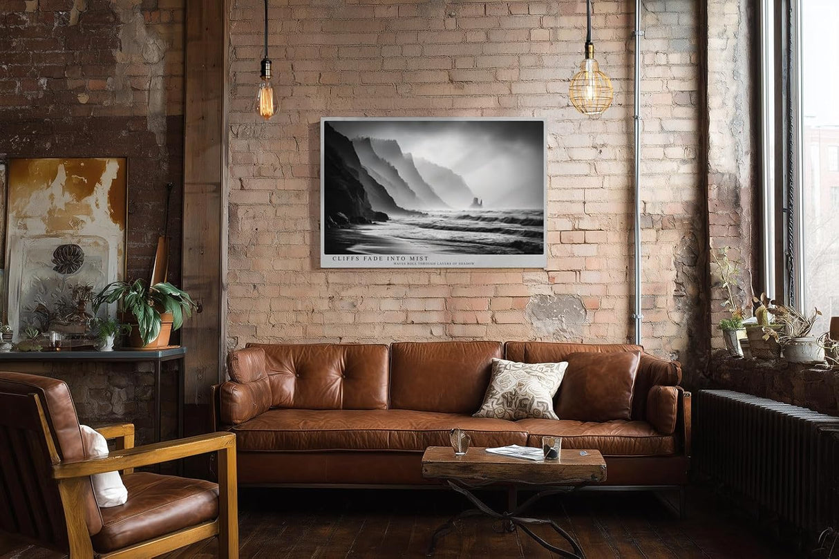 Paul Sinus Wandbild 120x80cm Cliffs Fade into Mist dramatische schwarz weiß Küstenlandschaft mit Klippen und Meer moderne Natur Fotokunst Poster für Wohnzimmer Büro