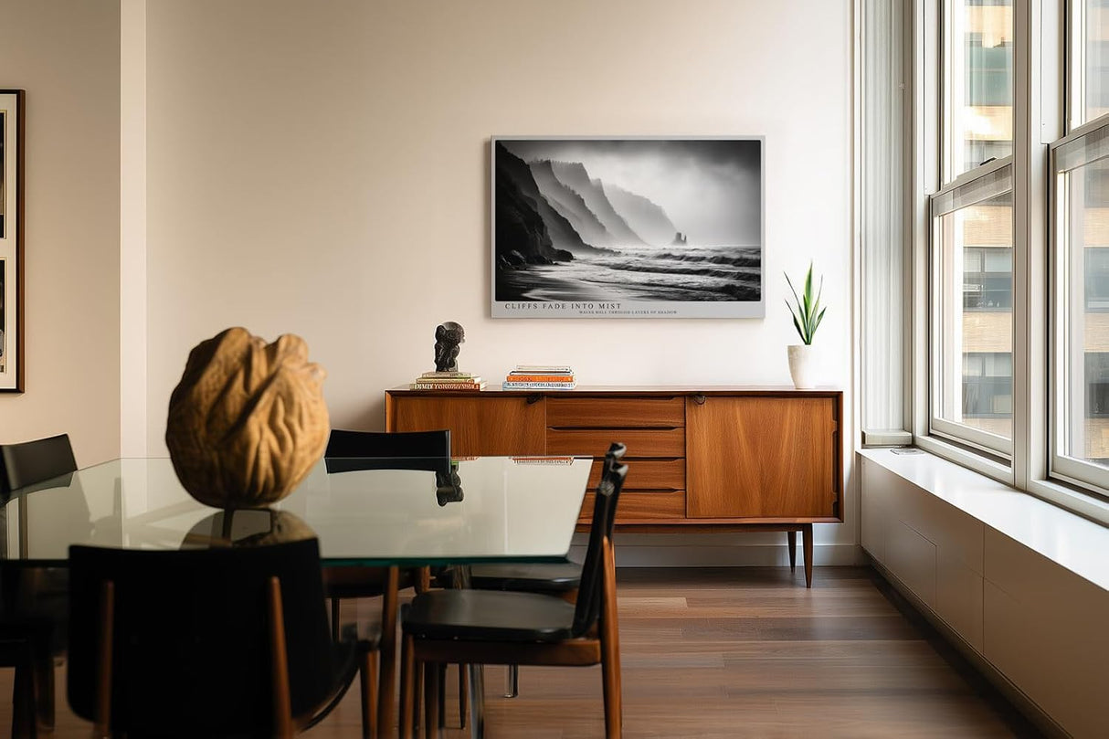 Paul Sinus Wandbild 120x80cm Cliffs Fade into Mist dramatische schwarz weiß Küstenlandschaft mit Klippen und Meer moderne Natur Fotokunst Poster für Wohnzimmer Büro
