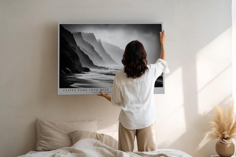 Paul Sinus Wandbild 120x80cm Cliffs Fade into Mist dramatische schwarz weiß Küstenlandschaft mit Klippen und Meer moderne Natur Fotokunst Poster für Wohnzimmer Büro