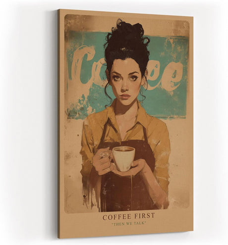 Paul Sinus Wandbild in 40x60cm Coffee First – stilvolles Barista-Porträt mit Kaffeetasse im Vintage-Art-Stil
