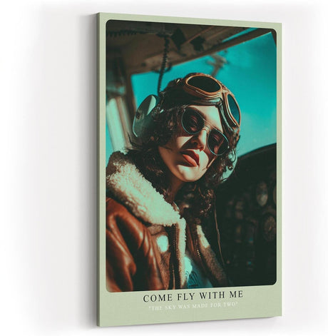 Paul Sinus Wandbild in 40x60cm Come Fly With Me Retro Pilot Woman in Aviator Jacket and Goggles in Sunlit Cockpit