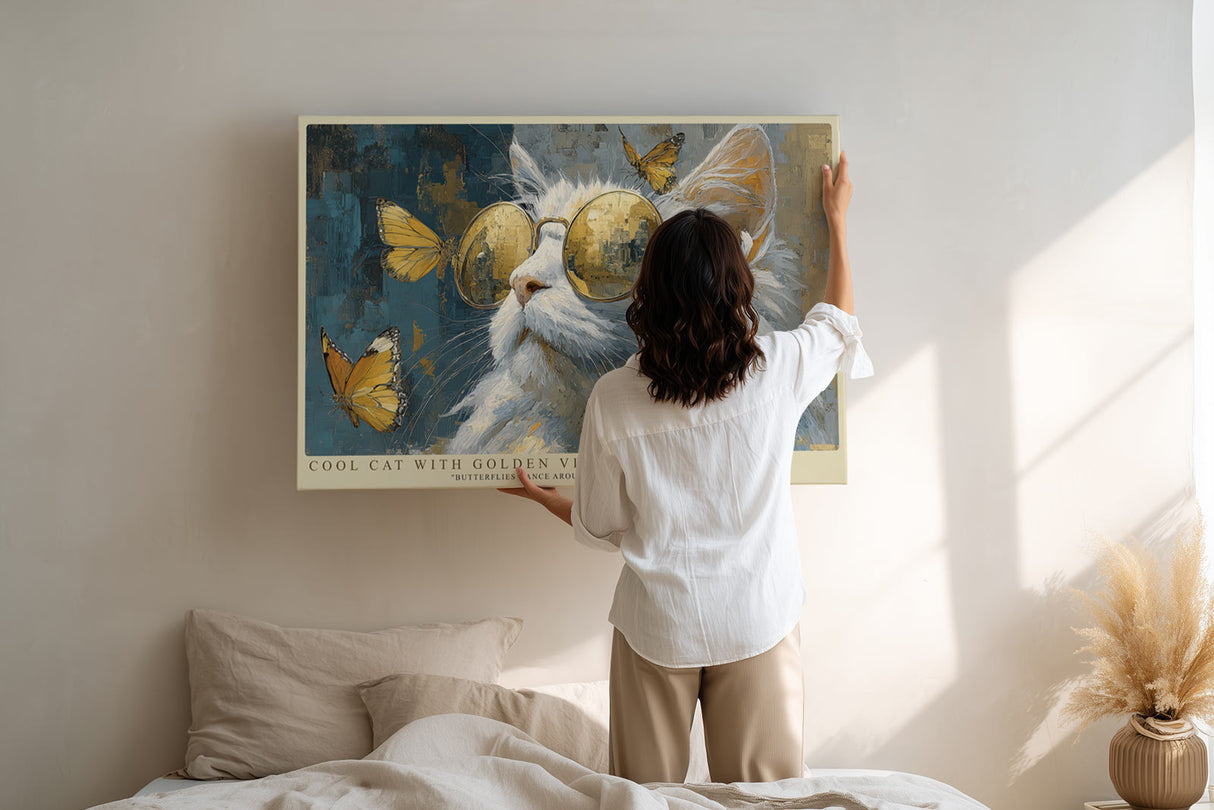 Paul Sinus Wandbild Cool Cat with Golden Vibes Stylish Cat with Butterflies in Motion
