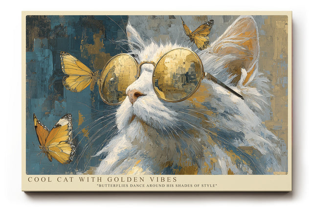 Paul Sinus Wandbild Cool Cat with Golden Vibes Stylish Cat with Butterflies in Motion
