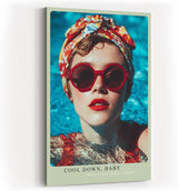 Paul Sinus Wandbild in 40x60cm Cool Down Baby Stylish Woman with Red Sunglasses and Headscarf in Poolside Summer Vibe