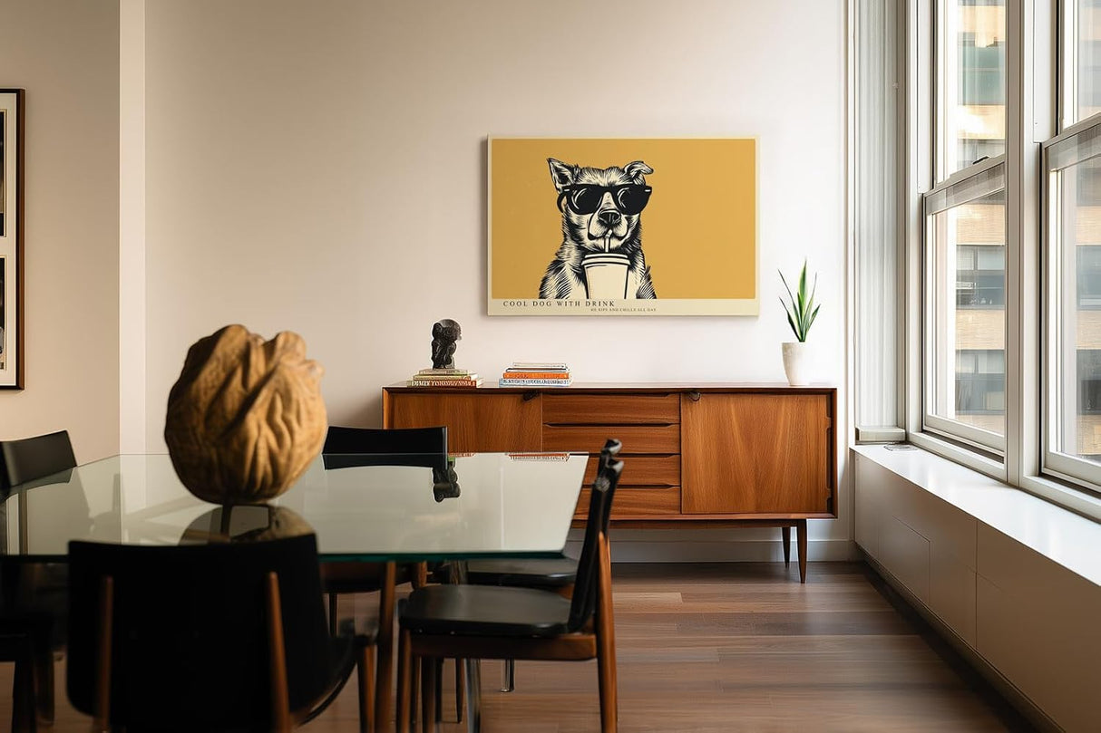 Paul Sinus Wandbild 120x80cm cooler Hund mit Sonnenbrille Illustration Pop Art Tiermotiv gelb schwarz modernes Humor Kunstbild stilvolle Wanddekoration für Wohnzimmer Küche Büro