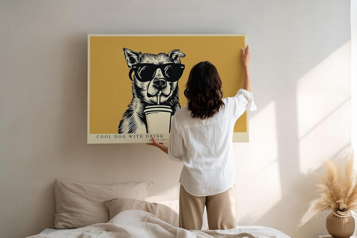 Paul Sinus Wandbild 120x80cm cooler Hund mit Sonnenbrille Illustration Pop Art Tiermotiv gelb schwarz modernes Humor Kunstbild stilvolle Wanddekoration für Wohnzimmer Küche Büro