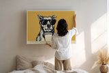 Paul Sinus Wandbild 120x80cm cooler Hund mit Sonnenbrille Illustration Pop Art Tiermotiv gelb schwarz modernes Humor Kunstbild stilvolle Wanddekoration für Wohnzimmer Küche Büro