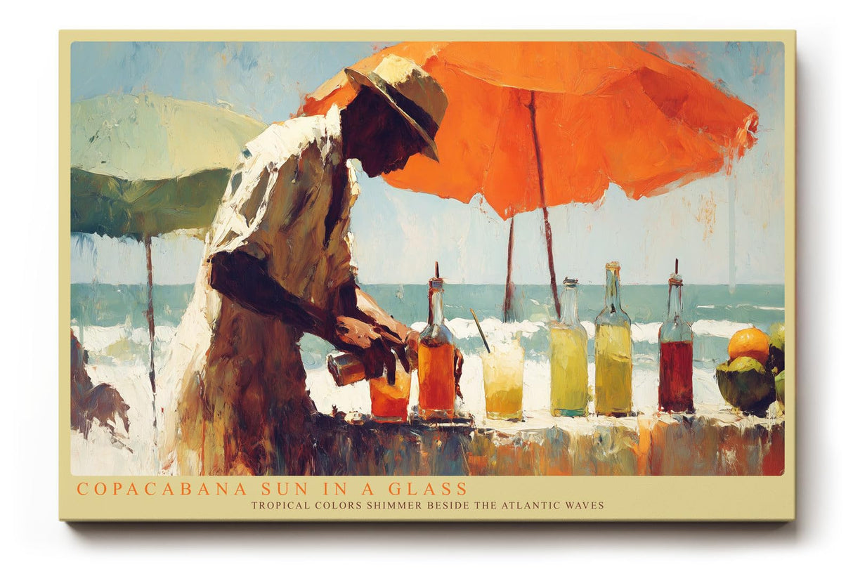 Paul Sinus Wandbild 120x80cm Copacabana Sun in a Glass tropische Strand Szene Cocktail Kunst Poster für Wohnzimmer Küche Bar