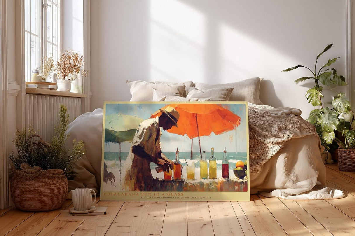 Paul Sinus Wandbild 120x80cm Copacabana Sun in a Glass tropische Strand Szene Cocktail Kunst Poster für Wohnzimmer Küche Bar