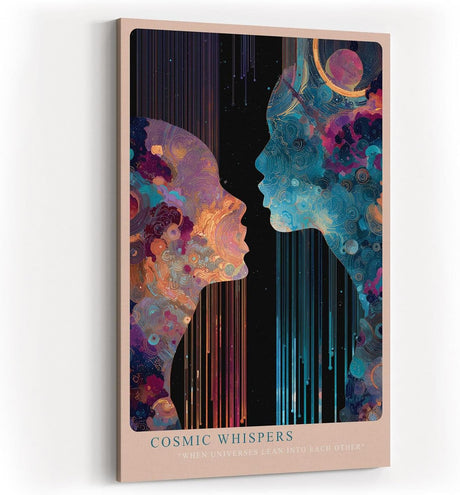 Paul Sinus Wandbild in 40x60cm Cosmic Whispers – zwei Silhouetten im Dialog aus farbenreichen, kosmischen Mustern, moderne Kunst mit Tiefe