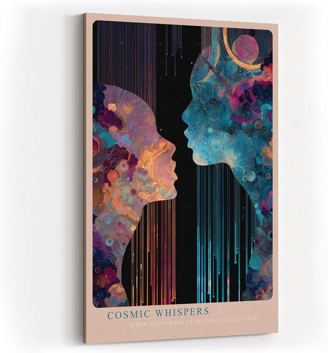 Paul Sinus Wandbild in 40x60cm Cosmic Whispers – zwei Silhouetten im Dialog aus farbenreichen, kosmischen Mustern, moderne Kunst mit Tiefe