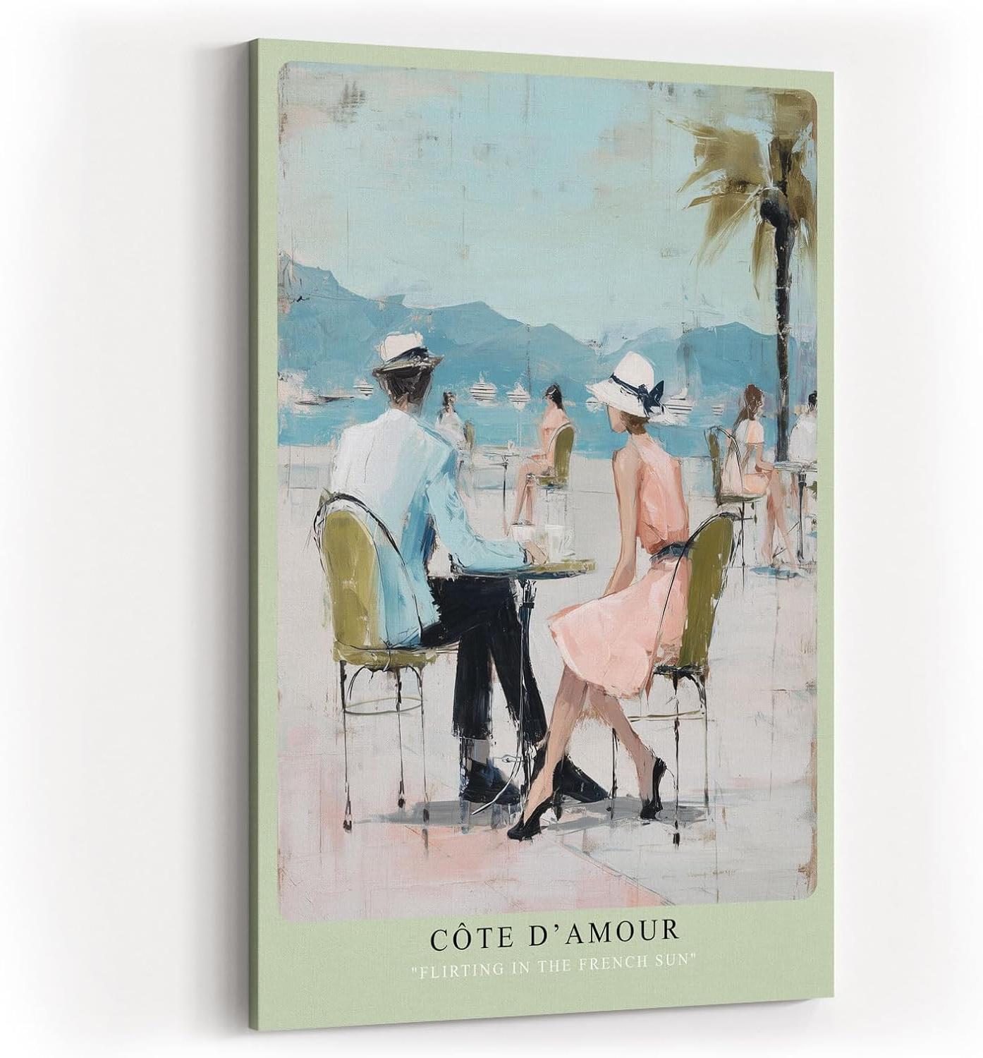 Paul Sinus Wandbild in 40x60cm Côte d’Amour – Romantische Szene eines Paares im Straßencafé an der französischen Küste, impressionistische Bilder in sommerlichen Pastellfarben