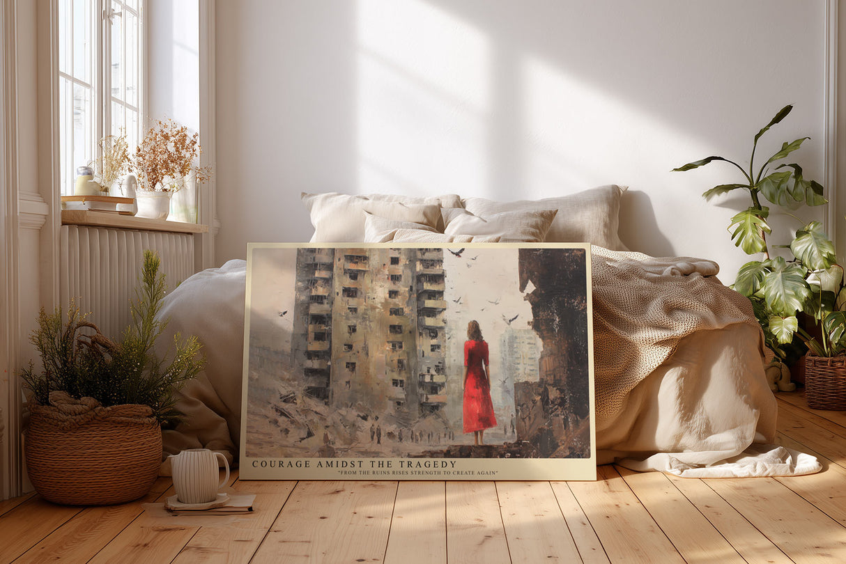 Paul Sinus Wandbild Courage Amidst the Tragedy emotionales Motiv mit Frau in Rot vor zerstörter Stadtlandschaft