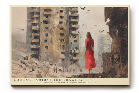 Paul Sinus Wandbild Courage Amidst the Tragedy emotionales Motiv mit Frau in Rot vor zerstörter Stadtlandschaft